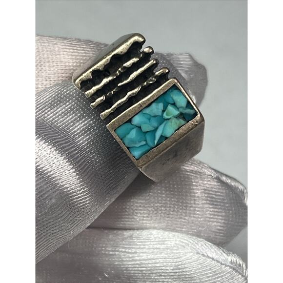 Sterling Silver 925 Tested Men Women Square Ring Blue Turquoise Inlay Size 9,75 - Picture 8 of 16